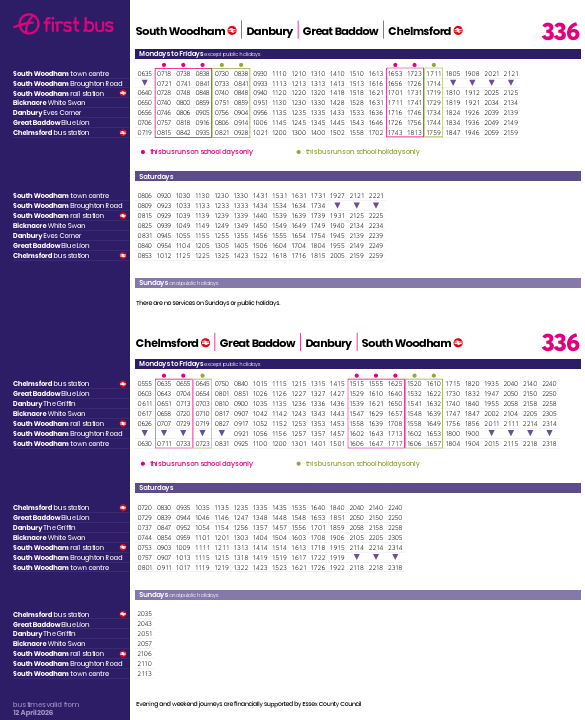 336 Bus Service – Revised Timetable from 12 April 2026